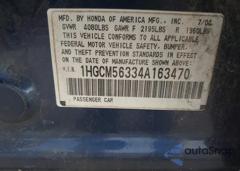 2004 Honda Accord 2.4 Lx из США, поврежденный, VIN 1HGCM56334A163470